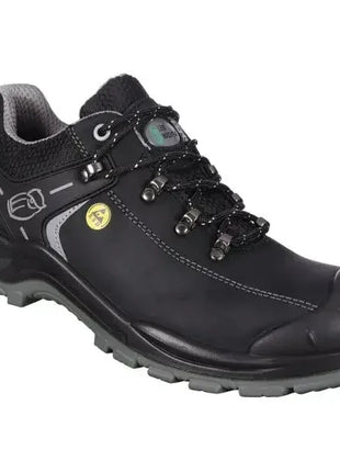 Schwarzer Sicherheitsschuh mit Stahlkappe, rutschfester Sohle und ESD Symbol, Schutzschuh
