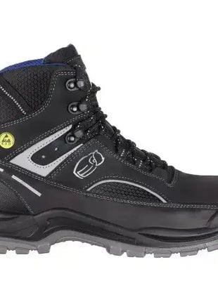 Schwarzer Sicherheitsstiefel S3 mit rutschfester Sohle, robustem Zehenschutz und Reflexdetails