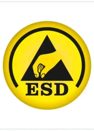 Gelbes ESD-Warnsymbol mit Hand und schwarzem Dreieck, Hinweis auf Elektrostatische Entladungsschutz