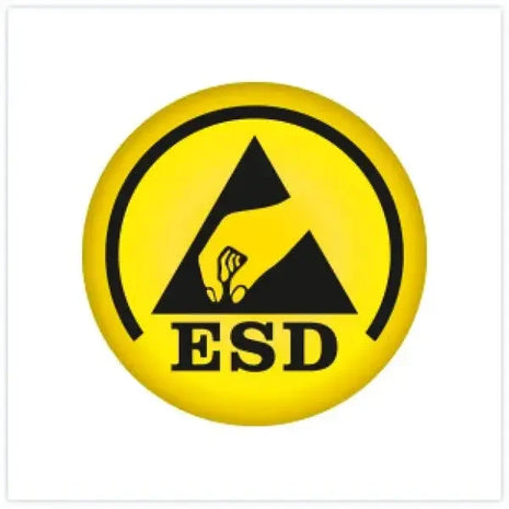 Gelbes ESD-Warnsymbol mit Hand und schwarzem Dreieck, Hinweis auf Elektrostatische Entladungsschutz