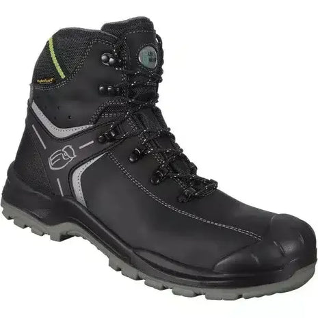 Schwarzer Sicherheitsstiefel mit Zehenschutz, robuster Sohle und reflektierenden Details