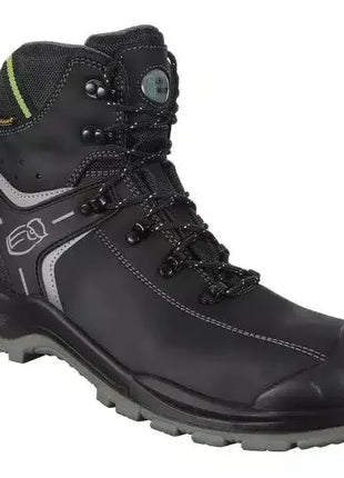 Schwarzer Arbeitsschutzstiefel mit Stahlkappe, rutschfester Sohle und Schnürverschluss