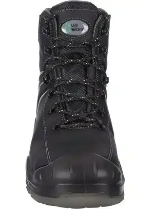 Schwarzer Sicherheitsstiefel mit Zehenschutzkappe, robustes Leder, vordere Ansicht