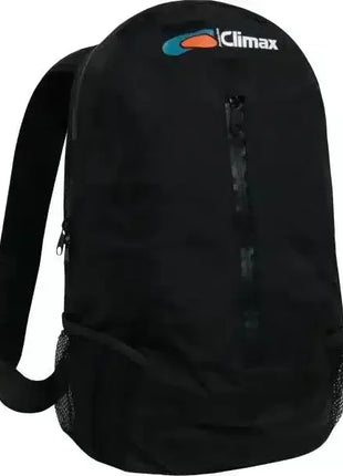 Schwarzer Rucksack mit Frontreißverschluss und Climax-Logo, seitliche Netzfächer, Hygienetasche