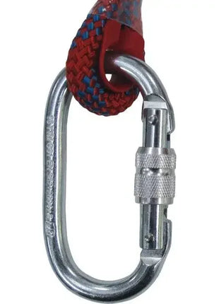 Silberner Sicherheitskarabiner mit Schraubverschluss und rotem Kletterseil, Detailansicht