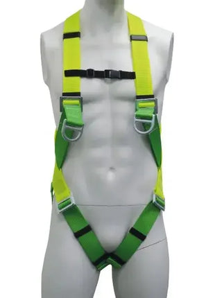 Auffanggurt in Neongelb und Grün für Arbeitssicherheit auf weißem Mannequin