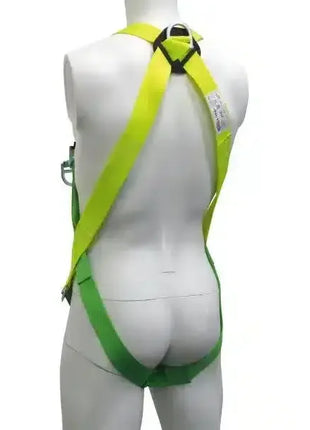 Schutz-Harness in Gelb-Grün auf weißer Schaufensterpuppe, medizinische Sicherheitsausrüstung