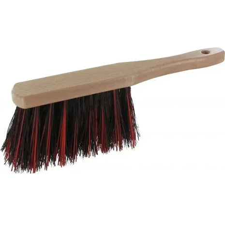 Handfeger mit Holzgriff und schwarzen sowie roten Borsten, Reinigungsbürste für Hygiene