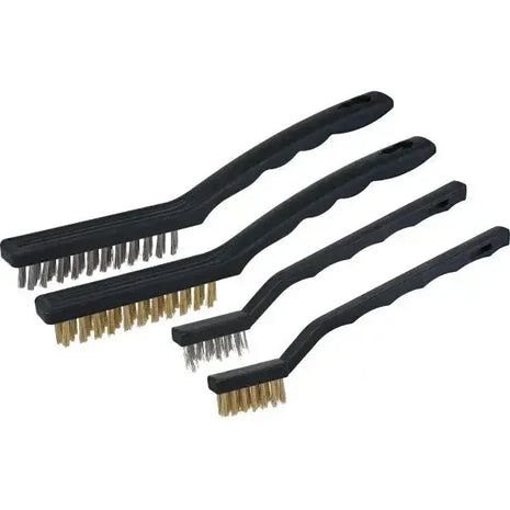 Set aus vier Drahtbürsten mit Kunststoffgriff, ideal für professionelle Reinigung und Hygiene