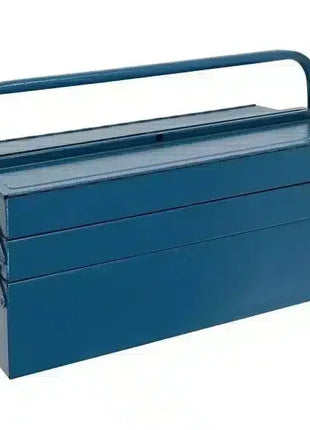 Blaue Metall-Werkzeugkiste mit Tragegriff, geschlossen, robust und vielseitig einsetzbar