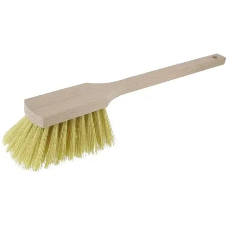 Handfeger mit hellem Holzgriff und gelben Borsten, Reinigung, Hygiene