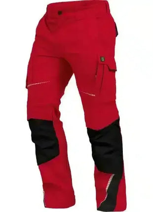 Rote Arbeitshose mit schwarzen Knieverstärkungen, ideal für Handwerk und Gewerbe, Vorderansicht.