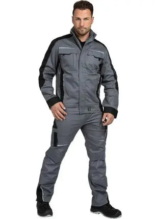 Graue Arbeitshose und Arbeitsjacke für Herren, professionelle Berufskleidung, Stehkragen