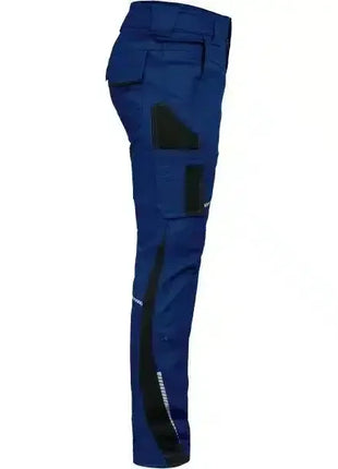 Blaue Arbeitshose mit Seitentaschen und reflektierenden Elementen, professionelle Arbeitsbekleidung