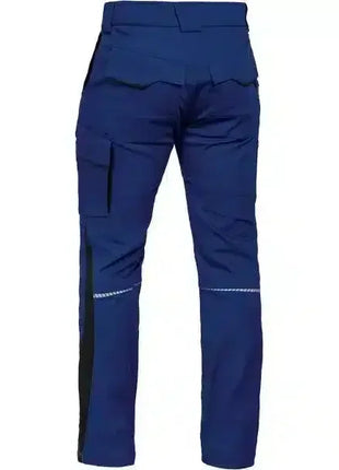 Blaue Arbeitshose mit Seitentaschen, robustem Stoff und reflektierenden Details, Rückansicht