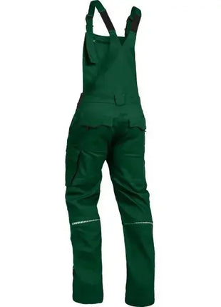 Grüne Arbeitshose Latzhose mit Taschen und Reflektorstreifen, Rückansicht, Berufskleidung