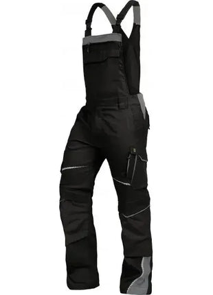 Schwarze Arbeitshose mit Latz, robust, verstellbare Träger, reflektierende Details, Berufsbekleidung