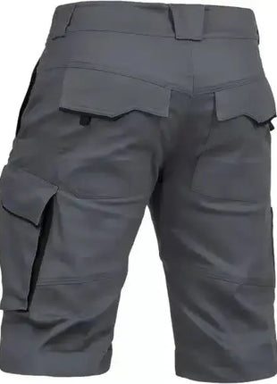 Dunkelgraue Arbeitsshorts mit mehreren Taschen, Rückansicht, robuste Berufskleidung