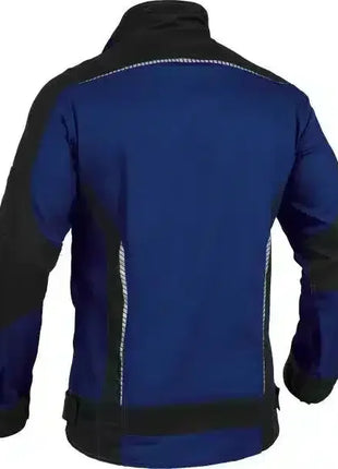 Moderne blaue und schwarze Softshell-Arbeitsjacke mit Reflexstreifen, Rückansicht