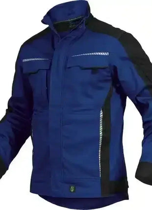 Blaue Arbeitsjacke mit schwarzen Einsätzen, reflektierenden Streifen, robustes Berufsbekleidungsdesign
