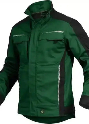 Grüne Arbeitsjacke mit schwarzen Einsätzen, langärmlig, robuste Berufskleidung, Vorderansicht
