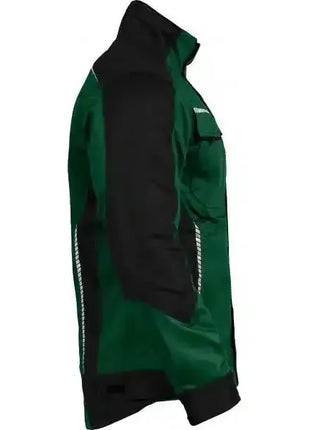 Grüne und schwarze Arbeitsjacke mit reflektierenden Streifen, Schutzbekleidung Seitenansicht