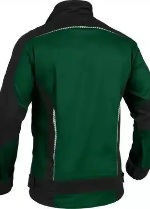 Arbeitsjacke in Dunkelgrün mit schwarzen Einsätzen und Reflektorstreifen, Rückansicht