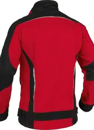 Rote und schwarze Arbeitsjacke mit reflektierenden Streifen, Rückansicht, robuste Schutzkleidung