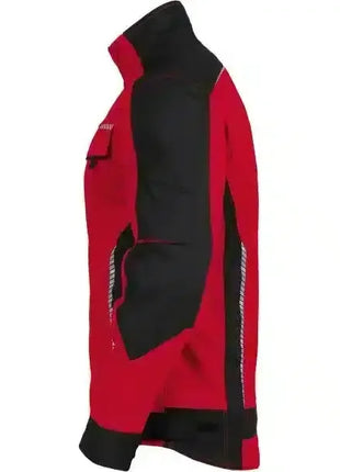 Rote und schwarze Arbeitsjacke mit Stehkragen, ideal für professionelle Hygiene und Schutz