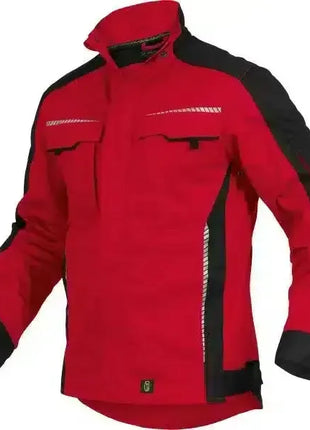 Rote Arbeitsjacke mit schwarzen Einsätzen, Stehkragen, Brusttaschen und reflektierenden Details