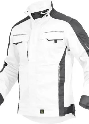 Arbeitsjacke weiß mit grauen Einsätzen, robust, professionelle Schutzkleidung, Hygiene