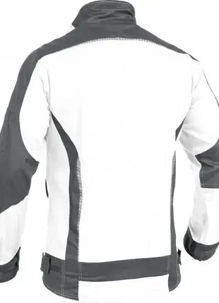 Weiße Arbeitsjacke mit grauen Einsätzen, hochwertige Berufskleidung, Rückansicht