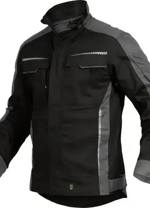Schwarze Arbeitsjacke mit grauen Einsätzen, robust, professionelle Berufskleidung, vorne Taschen