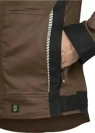 Braune Arbeitshose mit reflektierendem Streifen und Reißverschlusstasche, Detailansicht