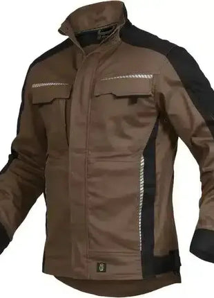 Braune Arbeitsjacke mit schwarzen Einsätzen und Reflektorstreifen, robustes Design