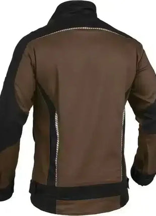 Rückenansicht einer braunen Arbeitsjacke mit schwarzen Einsätzen, Schutzkleidung, robustes Gewebe
