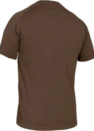 Rückansicht eines braunen T-Shirts aus Baumwolle, kurzärmelig, schlichtes Design