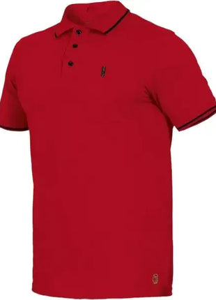 Rotes Polo-Shirt Herren mit kurzen Ärmeln und schwarzem Kragen für Freizeit oder Arbeit.