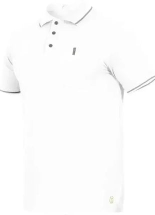 Weißes Polo-Shirt mit Kragen, kurzer Knopfleiste und Brusttasche, hygienisch, medizinisch geeignet