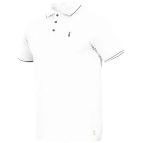 Weißes Polo-Shirt mit Kragen, kurzer Knopfleiste und Brusttasche, hygienisch, medizinisch geeignet