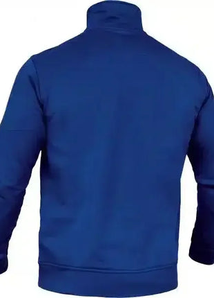 Rückenansicht einer blauen Jacke mit Stehkragen, moderne Berufskleidung, cleanes Design