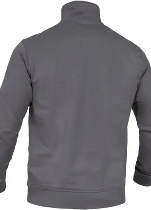 Rückansicht einer grauen Fleecejacke mit Stehkragen, lange Ärmel, Hygienebekleidung