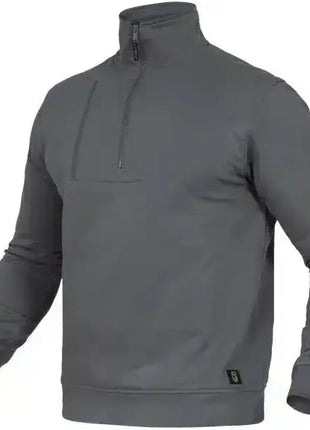 Dunkelgrauer Herren Pullover mit Stehkragen und Reißverschluss, langarm, modern, hygienisch.