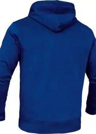 Blauer Hoodie aus Baumwolle, Rückansicht, schlichtes Design, langarm, Kapuze, Unisex