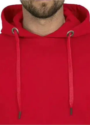 Roter Herren Hoodie mit Kapuze und Kordelzug, Nahaufnahme Oberkörper