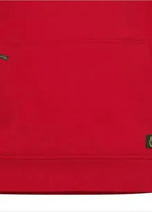 Roter Pullover mit Kängurutasche, Detailaufnahme, weiches Material, modernes Design