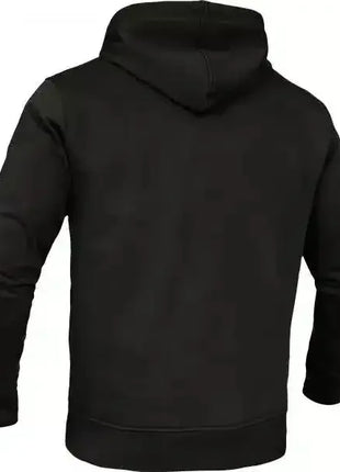 Schwarzer Hoodie mit Kapuze, Rückansicht, lange Ärmel, schlichtes Design, Unisex