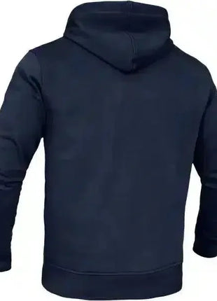 Dunkelblauer Hoodie mit Kapuze, Rückansicht, langärmlig, schlichtes Design