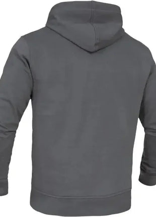 Rückansicht eines grauen Kapuzenpullovers, langarm, schlichtes Design, Freizeitmode
