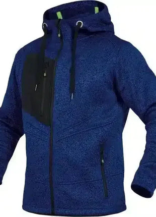 Blaue Fleecejacke mit Kapuze, Reißverschluss und schwarzen Taschen, Outdoor Arbeitskleidung